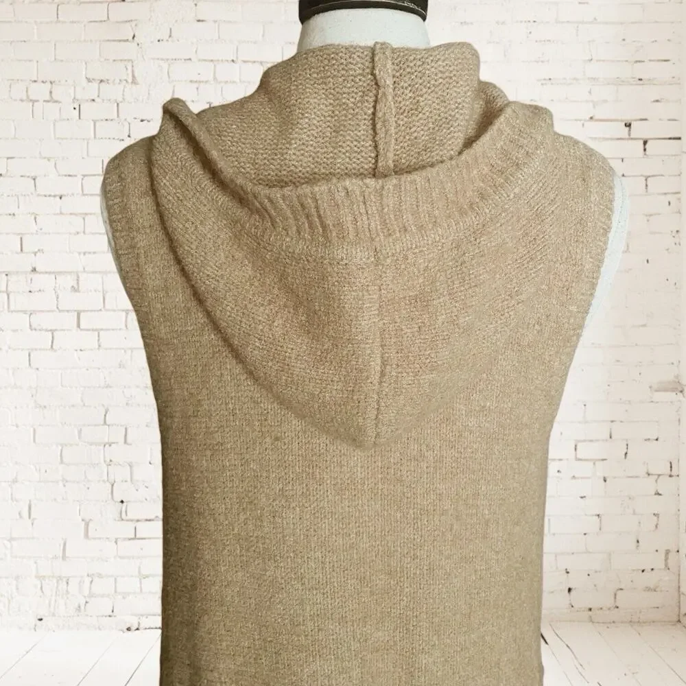 Tahari Cardigan Sweater Hoodie Vest Size M Womens Camel Tan Wool Blend Pockets‎